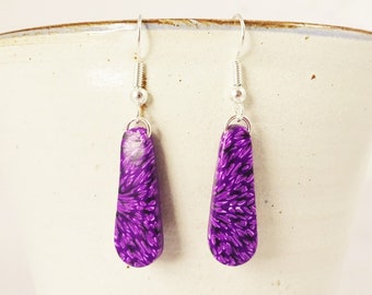 Long Drop Plum Coloured Earrings with Unique Purple Pattern - Lightweight Statement Polymer Clay Earrings