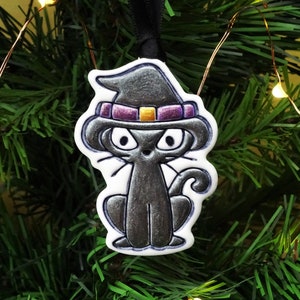 Halloween cat tree ornament, Black cat wall hanging, Cute cat decoration, Cat in witches&#39; hat
