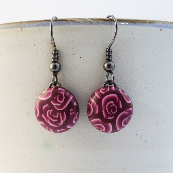 Red rose earrings, Dark red and white round earrings, Burgundy floral jewllery