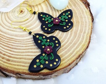 Whimsical Black Butterfly Earrings with Dark Floral Design, Dark Cottagecore Aesthetic, Burgundy Flowers with Dark Green Leaves and Gold