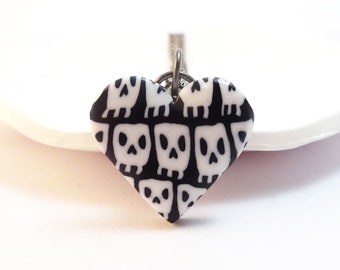 Black and White Skull-Patterned Heart Pendant Necklace , Playful Punk Goth Necklace