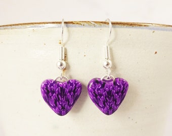 Romantic Purple Pattern Heart Drop Earrings - Handcrafted Lightweight Polymer Clay Earrings with Silver Plated Hooks