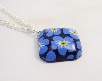 Navy Blue Floral Square Pendant Necklace with Light Blue 'Forget-Me-Not' Flower Pattern on a Long Chain