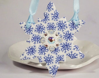 Sparkly Snowflake Christmas tree decoration, Snowflake décor, Blue and white tree ornament, Snowflake pattern