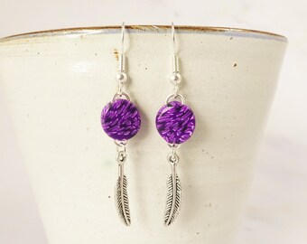 Purple Patterned Disc with Feather Charm Drop Earrings - Silver Plated Lightweight Boho Polymer Clay Earrings
