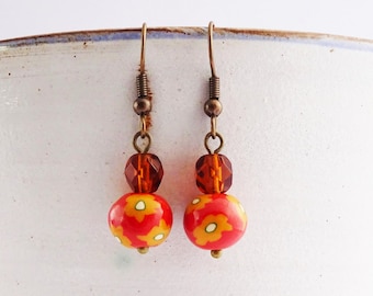 Burnt orange earrings, Floral dangly earrings, Autumn earrings, Flower pattern earrings