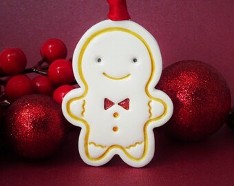 Gingerbread man Christmas tree decoration, Gold and white Christmas, Cute gingerbread man tree ornament, Funny Holiday decor