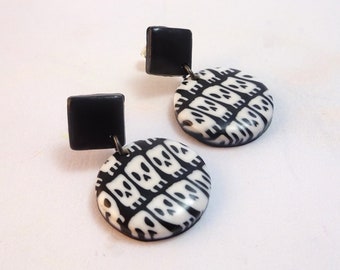 Bold Skull Pattern Statement Earrings, Monochrome Circle Drop with Square Stud Top, Halloween Inspired Design, Gothic Jewelry