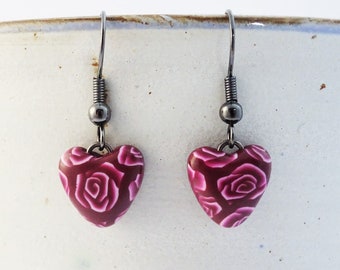 Dark red rose earrings, Red heart earrings, Burgundy and white floral earrings