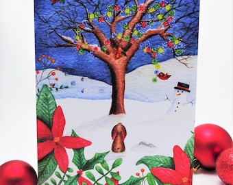 Watercolor Woodland Christmas Card: Robins, Squirrel, Rabbit