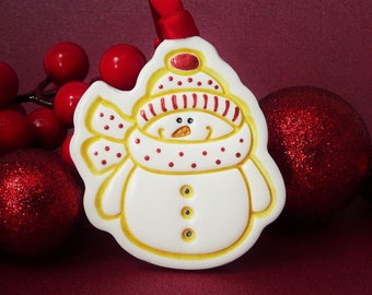 Snowman Christmas tree decoration, Gold, red and white ornament, Cute winter decor