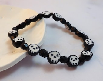 Black and White Elasticated Skull Bracelet, Halloween Bracelet, Punk & Gothic Inspired Jewellery