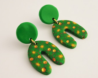 Green and yellow and gold earrings, Statement rainbow shape earrings, Flower pattern earrings, Tropical flower earrings