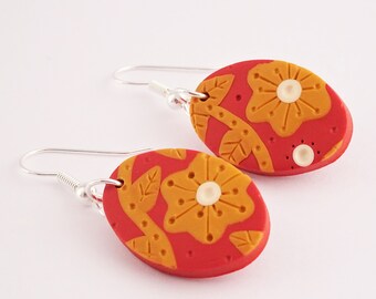 Burnt orange and mustard yellow earrings, Statement earrings, Floral earrings, Oval earrings