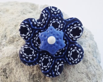 Blue and white flower brooch, Navy floral pin, Dark blue brooch