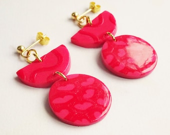Red and pink statement earrings, Pink heart dangly earrings, Bold round drop earrings, Heart pattern jewelry