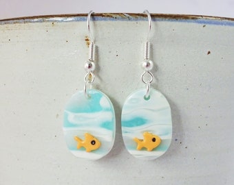 Watery Turquoise Oval Earrings with Playful Orange Fish - Ocean Inspired Polymer Clay Jewelry