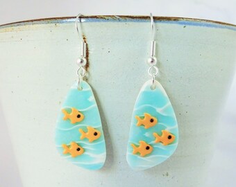 Ocean-Inspired Quirky Fish Earrings in Abstract Triangular Design, Blue and orange earrings
