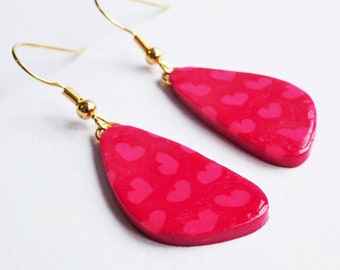 Pink heart earrings, Heart pattern dangly earrings, Pink and red statement earrings