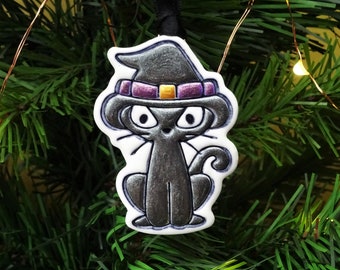 Halloween Cat Ornament: Polymer Clay Black Cat with Witch Hat