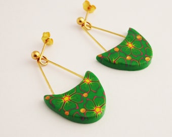 Green and yellow statement earrings, Flower pattern dangly earrings Tropical flower earrings, Summer earrings with gold spots