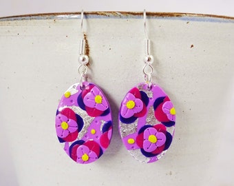 Vibrant Oval Pansy Earrings in Lilac Purple, Fuchsia Pink with Silver Leaf Details