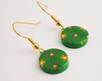 Green and yellow round drop earrings, Flower pattern dangly earrings, Tropical flower earrings with gold spots