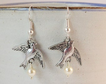 Dangly bird earrings, Bird with pearl jewellery, Animal earrings