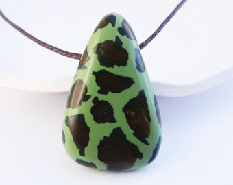 Green leopard print pendant necklace, Olive green and gold 16 - 18" necklace, Triangle pendant, Cord Animal print necklace