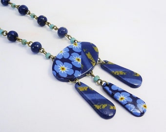 Boho Navy Oval Floral Pendant Necklace with Handmade Polymer Clay Beads, Forget Me Not Flowers
