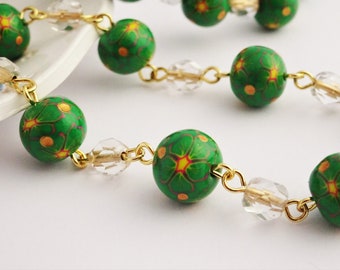 Green and yellow beaded necklace, Flower pattern necklace, Tropical flower necklace, Long beaded summer necklace