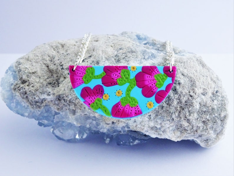 Floral bib necklace Turquoise and fuschia semi circle necklace