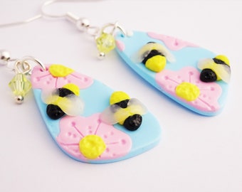 Cute Bee and flower earrings, Pale blue and pastel pink triangle earrings, Cute insect jewellery