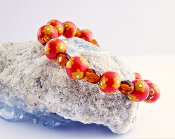 Burnt Orange Elasticated Bracelet - Mustard Yellow Floral Polymer Clay Beads with Antique Gold Clasp