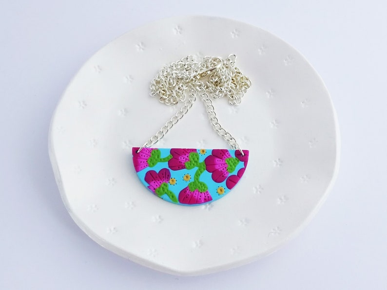 Floral bib necklace Turquoise and fuschia semi circle necklace