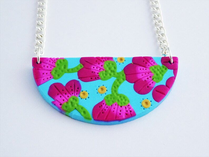 Floral bib necklace Turquoise and fuschia semi circle necklace