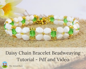 Daisy chain bead weaving bracelet tutorial, PDF download with photos and video, Flower pattern bead weaving bracelet, Pinch bead pattern
