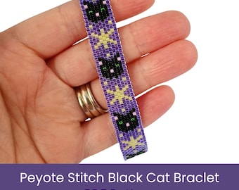 Motif de tissage de perles de chat noir et étoiles, point de peyotl, perles d'Halloween