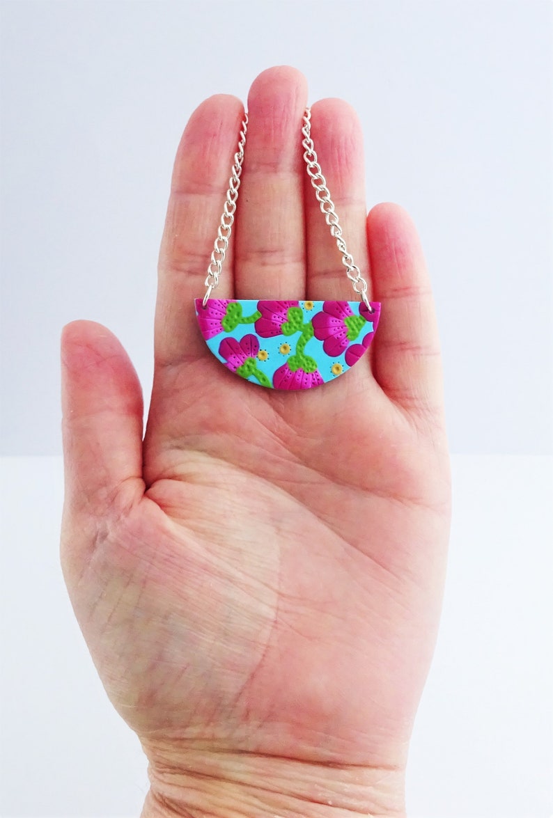 Floral bib necklace Turquoise and fuschia semi circle necklace
