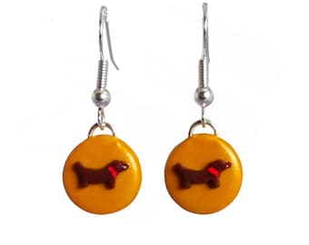 Cute Dachshund Earrings, Mustard Yellow and Brown Drop Earrings, Unique Dog Lover Gift