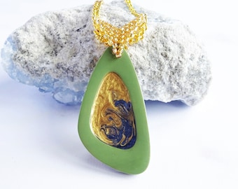 Long green and gold necklace, Olive green abstract pendant, Gold and blue necklace