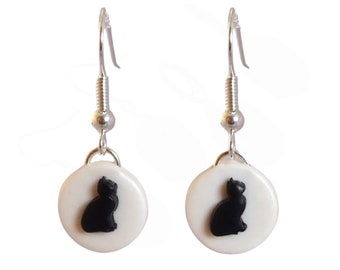 Black Cat Earrings, Cat Silhouette on White Background,  Drop Earrings, Lightweight Monochrome Animal-Inspired Accessory