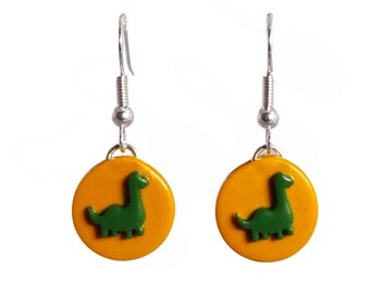 Brontosaurus Dinosaur Earrings, Dark Green on Mustard Yellow, Cute Dinosaur Gifts