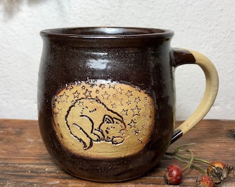 1 Cozy Cat Stars Magic Mug Ceramic Mug / Small Ceramic Mug Coffee Mug Kitten Hand-made Black / Pots of Soul Design