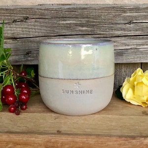 Könnte beinhalten: Eine zweifarbige Keramiktasse mit einem hellgrünen oberen Teil und einem cremefarbenen unteren Teil. Das Wort "SUNSHINE" ist auf dem unteren Teil eingeprägt. Die Tasse steht auf einer Holzoberfläche, begleitet von gelben Rosen und roten Beeren.