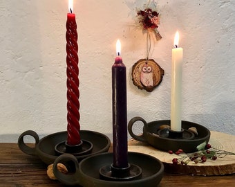 1 Elegante candeliere in ceramica scura, circa 1900, candela conica, originale nero e marrone, candeliere da comodino, candeliere da camera con manico, inclusa candela