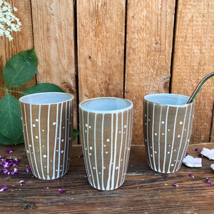 1 high drinking cup ceramic cup juice tea cup coffee cup stripes & dots design cup // ceramic cup beige hand-made PotsofSoul