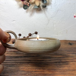 Ceramic candle holder for small tealight or pillar candle tealight holder handle Anno 1900 tealight candle holder beige white hand-made