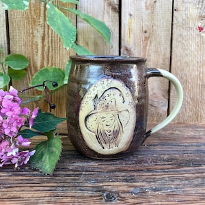 Magical Witches Stars Ceramic Mug 500 ml Stars Witch Mug Ceramic Mug with Witch Hat Forest Witch Handmade Black Brown PotsofSoul Design