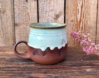 Ceramic cup stone birds red sage beige // ceramic coffee cup // coffee mug ceramic cup birds handmade effect 450 ml PotsofSoul